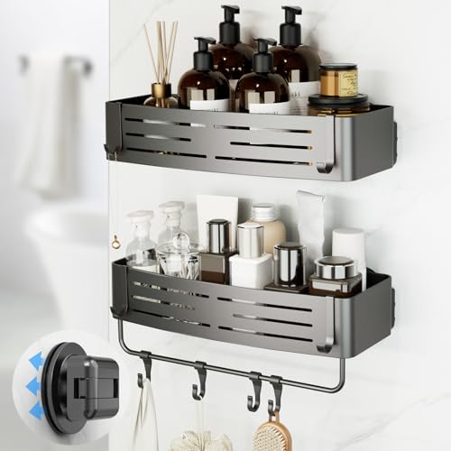 Onemake Shower Caddy Suction Cup, 2 Pack Shower Shelf with Hooks for Bath | No-drilling Rustproof Aluminum Removable Caddy with Towel Bar, Waterproof Shower Organizer, Corner Shampoo Holder, Gray - style: 2 Tier-Gray Square Caddies