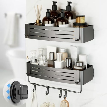 Onemake Shower Caddy Suction Cup, 2 Pack Shower Shelf with Hooks for Bath | No-drilling Rustproof Aluminum Removable Caddy with Towel Bar, Waterproof Shower Organizer, Corner Shampoo Holder, Gray - style: 2 Tier-Gray Square Caddies