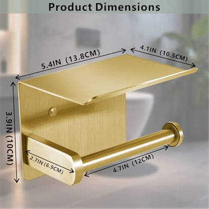 Toilet Paper Holder with Shelf, Heavy-Duty Stainless Steel Bathroom Hardware, Self-Adhesive No-Drill/Drill-Mount Wall-Mounted Roll Holder, Rust-Proof Bathroom Tissue Rack (Gold) - color: Gold