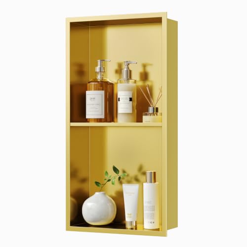 Qeke 12" x 24" Stainless Steel Shower Niche w/Double Shelves, Brushed Golden - color: Brushed Golden, size: 12X24"