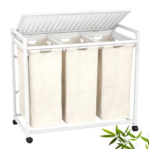 Bamboo Laundry Hamper 3 Section with Lid, 150L Laundry Sorter with Lockable Wheels, Pull-Out Removable Washable Bags, 3 × 12.5 Gal Divided Laundry Baskets for Laundry Room, Bathroom (White) - color: White