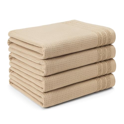 TOWN & COUNTRY BASICS 4-Piece Waffle Woven Terry Stripe Bath Towel Set, 30x56-Inch, 100% Cotton, Quick Dry, Taupe - color: Taupe