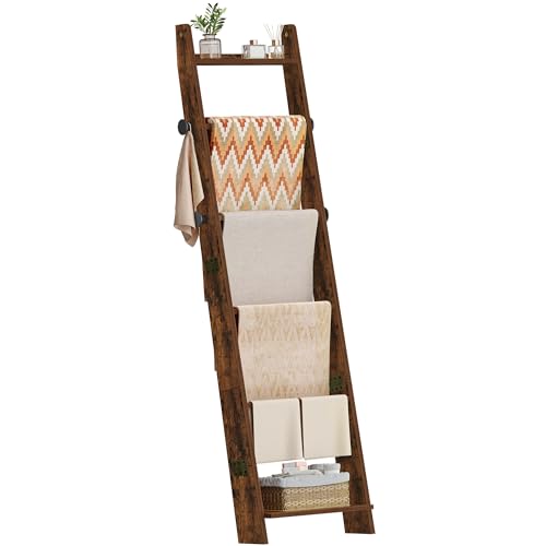Hzuaneri Blanket Ladder, Decorative Quilt Rack with 4 Removable Hooks | 6-Tier Blanket Ladder Shelf for Bedroom Living Room, Rustic Brown BR30601X - size: 5.6"D x 17"W x 66.7"H