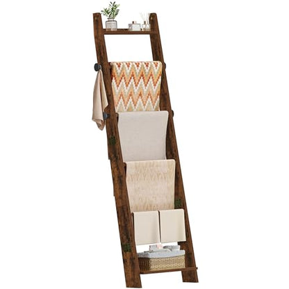 Hzuaneri Blanket Ladder, Decorative Quilt Rack with 4 Removable Hooks | 6-Tier Blanket Ladder Shelf for Bedroom Living Room, Rustic Brown BR30601X - size: 5.6"D x 17"W x 66.7"H