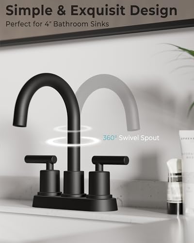 VXV Bathroom Sink Faucet 4 Inch 2 Handle Centerset Utility Lavatory Vanity Modern 360 Rotating Black Water Faucet with Pop-up Drain Stopper Assembly and Supply Lines Fits 2 Hole - color: Matte Black