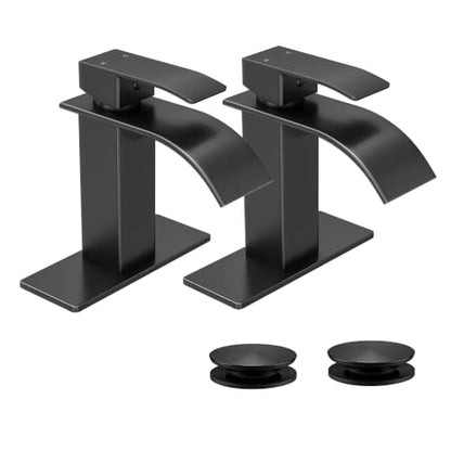 Waterfall Single Handle Bathroom Sink Faucet with Drain Black | Matte Black Vanity Faucet with Pop-up Drain, Ceramic Valve, for 1 or 3 Hole Modern Bathrooms. - color: Matte Black x 2