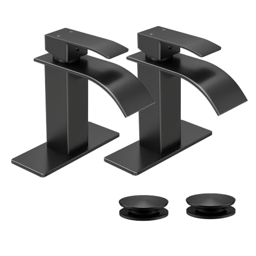 Waterfall Single Handle Bathroom Sink Faucet Black | Vanity Faucet with Pop-up Drain, llaves para lavamanos de baño, Ceramic Valve, for 1 or 3 Hole Modern Bathrooms. - color: Matte Black x 2