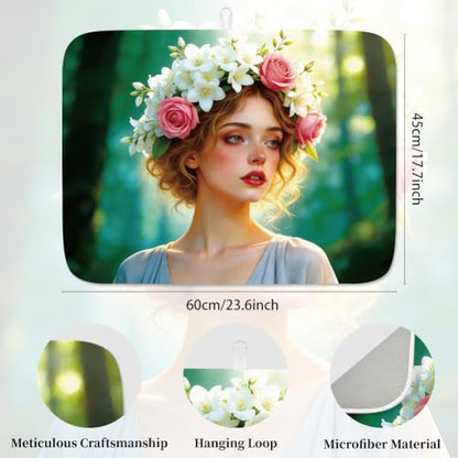 1Pc Lady Floral Dish Mat 23.6 X 17.7 Inch/60 X 45Cm Microfiber Absorbent Drying Pad Heat Resistant Coffee Bar Mats Hanging Loop Garland Butterfly Dishes Drainer Mat For Kitchen Counter, Green - style: Girly Flowers