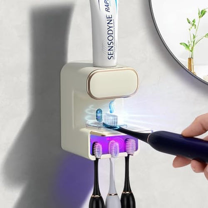 Automatic Toothpaste Dispenser, Electric Toothpaste Dispenser Multi-Function, Toothbrush Cleaner Wall Mounted with 3 Brush Slots, Toothbrush Organizer and Holder for Bathroom (Beige) - color: White