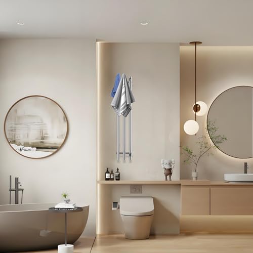 Electric Heated Towel Rack with Timer, Wall-Mounted Towel Warmer, 3 Vertical Bars, Plug-in or Hardwired, 38 Inch Height, Round Design (Silver) - color: Polish