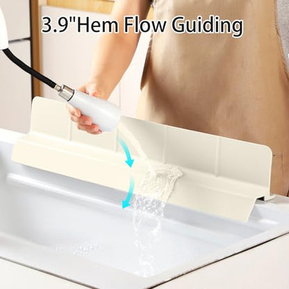 23" Ultra Silicone High Sink Splash Guard, Beige | Released in 2026, Self-Draining Water Splash Guard, for Kitchen Sink&Bathroom&Island, 3.5" Splash Guard, 7 Strong Suction Cup - color: Beige