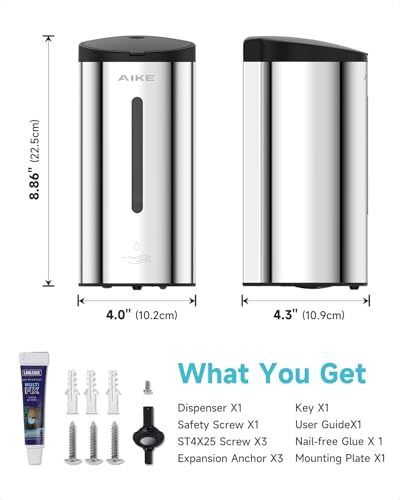 AIKE Automatic Liquid Soap Dispenser,25oz Capacity for Bathroom,Polished | No-Drill and Screw Wall Mount Install Design for Space-Saving,4*AA batteries(Not Included) Ensure Long Standby,Model AK1205E - color: Polished Stainless Steel