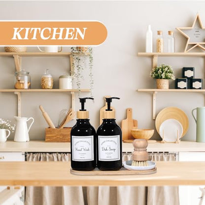 Zopeal 4 Pcs 16 oz Kitchen Soap Dispenser Set with Bamboo Tray and Dish Brush Plastic Soap Dispenser Set with Waterproof Labels for Hand Dish Lotion(Black) - color: Black