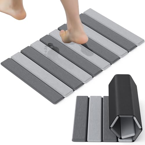 Hansburg Stone Bath Mat Foldable Diatomaceous Earth Bath Mat Non-Slip Absorbent Shower Stone Mat Quick Dry Easy Clean for Bathroom Floor Kitchen Dish Drying - color: Double Grey