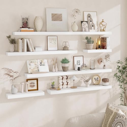 Fun Memories 60 Inch Fireplace Mantel - Long Floating Shelf, Wall Mounted Farmhouse Display with Invisible Heavy Duty Metal Bracket, White, 2 Pack - color: White, size: 60"W x 6.5"D