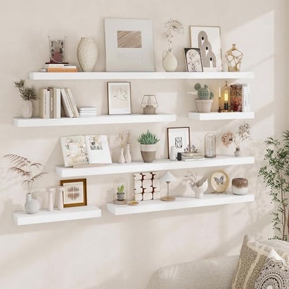 Fun Memories 66 Inch Fireplace Mantel - Long Floating Shelf, Wall Mounted Farmhouse Display with Invisible Heavy Duty Metal Bracket, White, 2 Pack - color: White, size: 67"W x 6.5"D