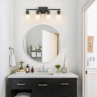 Matte Black Bathroom Vanity Light, 4-Light Modern Vanity Lighting Fixtures Over Mirror with Clear Glass Shade,Square Design,Wall Sconces for Living Room Cabinet Bedroom,E26 Socket - size: 4-Light