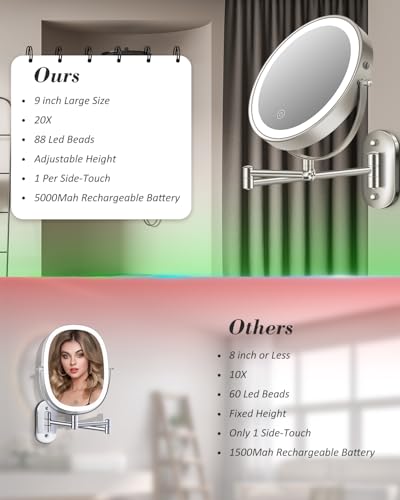 20X 9" Wall Mounted Magnifying Makeup Mirror with Light Height Adjustable | 5000mAh Double Sided Rechargeable LED Lighted Vanity Mirror with Magnification 3 Color Light up Extended Arm 360 Rotation - color: 9inches-brushed Nickel