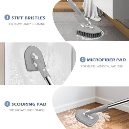 SetSail Tile Tub Scrubber Brush 3-in-1 Long Handle Shower Scrubber, Gray | with 3 Detachable Replacement Brush Head, Multi-Angle Cleaning Locks at 45°, 90°, 180° for Bathroom Kitchen Walls Tub Tile - color: Gray, size: 2 Pads