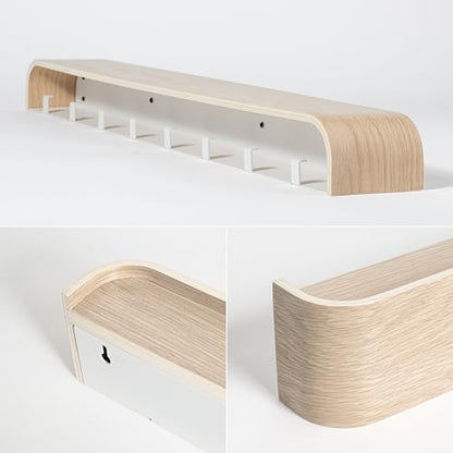 Kazai. Wall-Mounted Coat Rack 'Toke' - Modern Design Coat Rack with Hidden Wall Hooks - Solid Wood Veneer Panel Coat Hanger - Oak, White - color: Oak, White, size: 8 Hooks