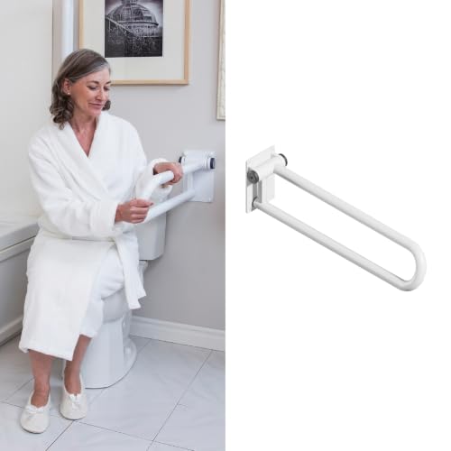 HEALTHCRAFT P.T. Rail 32" Left Side, Fold-Down Toilet Rail - White | Longer 32" reach, wall-mounted hinged rail folds flat when not in use - color: Powder Coat White, size: 32"