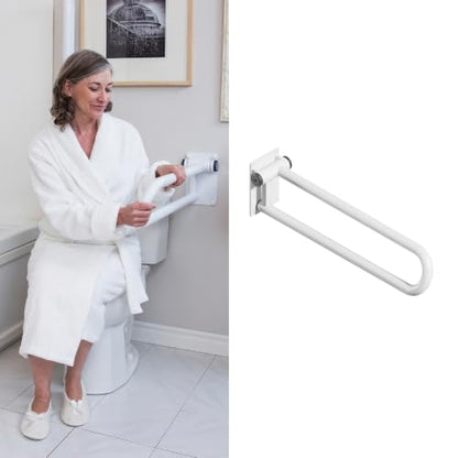 HEALTHCRAFT P.T. Rail 32" Left Side, Fold-Down Toilet Rail - White | Longer 32" reach, wall-mounted hinged rail folds flat when not in use - color: Powder Coat White, size: 32"