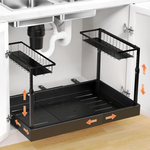 Aisslro Under Sink Organizer, 2 Tier Pull Out Cabinet Organizer, Expandable & Adjustable Slide Out Shelf 17.9''–29.5'', Under Sink Storage for Kitchen Bathroom Laundry Cabinet Storage, Black - size: Large