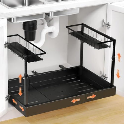Aisslro Under Sink Organizer, 2 Tier Pull Out Cabinet Organizer, Expandable & Adjustable Slide Out Shelf 17.9''–29.5'', Under Sink Storage for Kitchen Bathroom Laundry Cabinet Storage, Black - size: Large