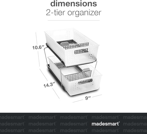 madesmart 2 Tier Organizer, Under Cabinet Storage with Pull Out Sliding Drawers, for Cleaning Supplies, Pantry, Undersink, Sponges, Bottles & Bath, Pull Out Baskets, Frost 2 PACK