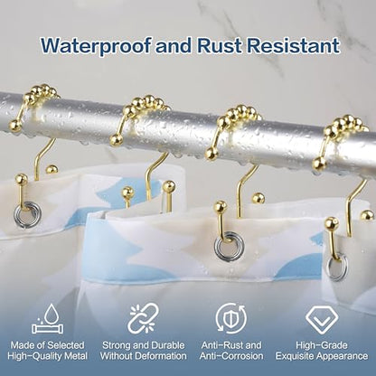 DAWNER Shower Curtain Hooks Rings, Rust Proof Hooks, Metal Easy Glide Double Shower Rings Hooks, Stainless Steel Shower Curtain Hangers for Bathroom Shower Curtains, Set of 12 Hooks, Gold Color - color: Gold