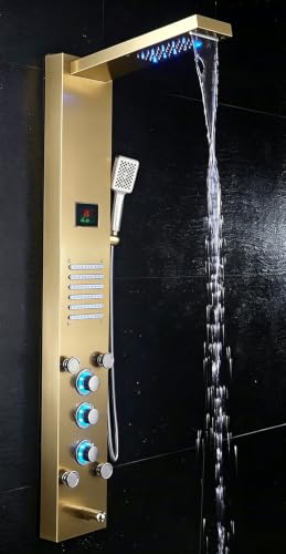 ELLO&ALLO LED Stainless Steel Bathroom Shower Panel Tower System, Rainfall Waterfall Shower Head Rain Massage System with Body Jets, Brushed Gold - color: Gold