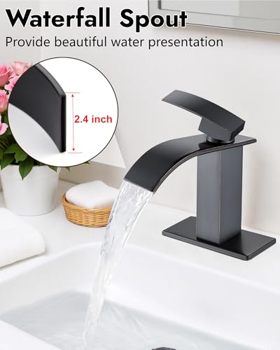 Midanya Waterfall Bathroom Faucet 1 Hole,Oil Rubbed Bronze | with 24” Hoses,Pop Up Drain,6” Deck Plate,for 1 or 3 Hole Vanity,Lavatory,RV,Single Handle Bathroom Sink Faucet,NSF Certified - color: Bronze