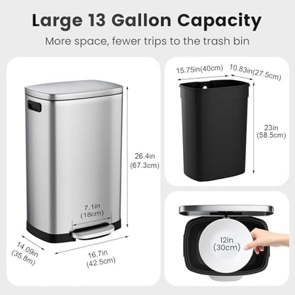 ELPHECO Kitchen Trash Can with Lid 13 Gal Stainless Steel Pedal Garbage Can | Soft Close Lid, Pedal, Heavy-Duty Fingerprint Proof Step Wastebasket with 20 Bags, Removable Bucket, Home Office, Silver - color: Silver