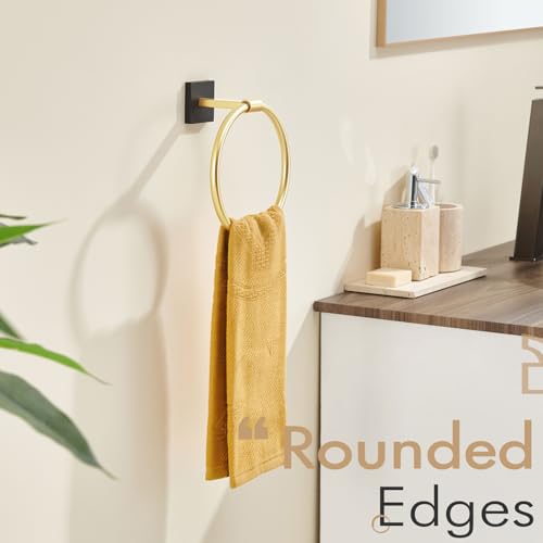 KOKOSIRI Hand Towel Holder Wall Mounted Towel Ring Bathroom Accessories Shower Towel Hanger Rack Stainless Steel Black with Gold, B3010GDK - color: Black Gold