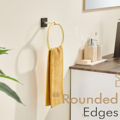 KOKOSIRI Hand Towel Holder Wall Mounted Towel Ring Bathroom Accessories Shower Towel Hanger Rack Stainless Steel Black with Gold, B3010GDK - color: Black Gold