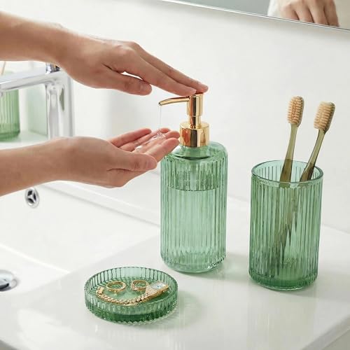 New Hensoar 3 Pcs Green Bathroom Accessories Set, Glass Bathroom Set | Bathroom Soap Dispenser, Toothbrush Holder Set, Jewelry Tray, Crystal Modern Bathroom Decor, Housewarming Gift Set - style: 3 pcsGreen