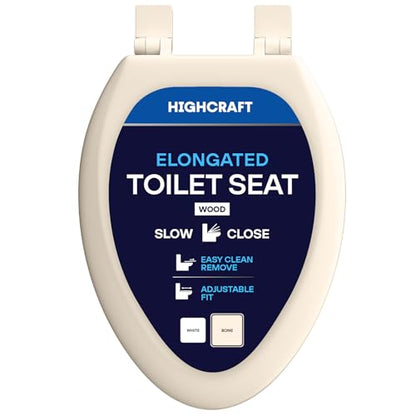 Highcraft B4TSWE Elongated Molded Wood Toilet Seat Slow Close ? Easy Remove ? Adjustable Hinge, Bone - color: Bone