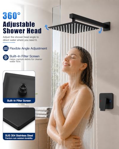 Heyalan 10 Inch Square Rain Shower Faucet Set with Valve, Matte Black | Female-thread 1/2-inch NPT connections, SUS304 shower head, brass rough-in valve, single-handle control Shower Set - color: Black, size: 10 Inch Square Shower Head