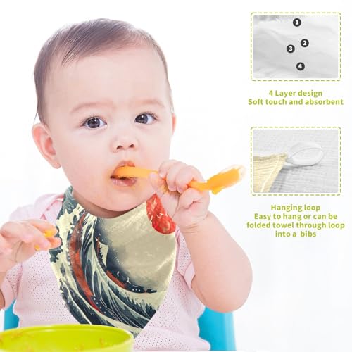 YETTASBIN Sea Waves Muslin Baby Hand Washcloths, Soft Cotton Bath Face Towel, 4 Layers Extra Absorbent Feeding Burp Cloth for Newborn Infant, 5 Pack - size: 12 Inch x 5 Pack