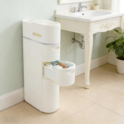 3-Tier Slim Freestanding Bathroom Storage Cabinet with 3 Drawers | 16×7×30in, White, ABS, Narrow Body Design, Toilet Paper Storage Space, For Bathroom Kitchen Bedroom - size: 3-Tier