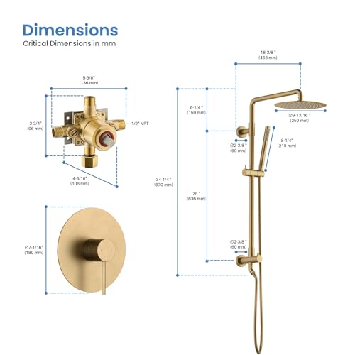 KIBI Wall-Mounted Rain Shower Column, Brass Valve, Brushed Brass, KSC403 | 10-inch Wide-Coverage Head, Single-Spray Handheld, Height-Adjustable Slide Bar, Pressure-Balanced, Leak-Free Rough-in Install - color: Brushed Brass