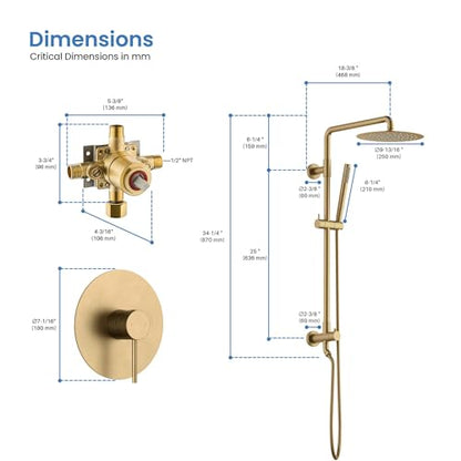 KIBI Wall-Mounted Rain Shower Column, Brass Valve, Brushed Brass, KSC403 | 10-inch Wide-Coverage Head, Single-Spray Handheld, Height-Adjustable Slide Bar, Pressure-Balanced, Leak-Free Rough-in Install - color: Brushed Brass
