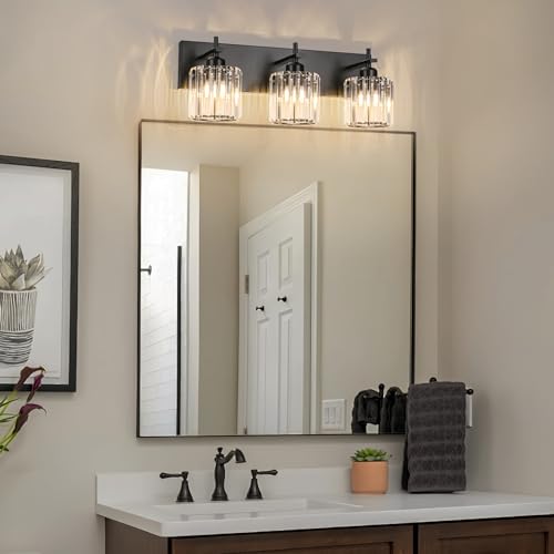 Black Crystal Bathroom Vanity Lights, Modern 3-Lights Bathroom Lighting Fixtures Over Mirror, Crystal Wall Lighting with Round Shade - color: Black-Round Shade, size: 3-Light