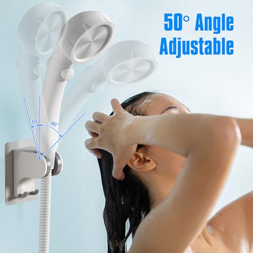 JONKEAN 3m Shower Head Holder Without Drilling White, 1 Pack | 2 Practical Hooks Design, Angle Adjustable Bracket, Fits G1/2 Shower Hose, Easy to Install No drilling Required - style: White