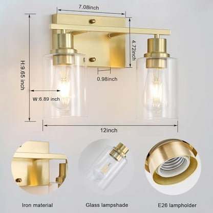 2-Lights Gold Bathroom Light Fixture, Brushed Brass Vanity Light with Clear Glass Shade, Modern Bath Wall Lights for Living Room, Hallway, Bedroom - color: Gold 2-Light