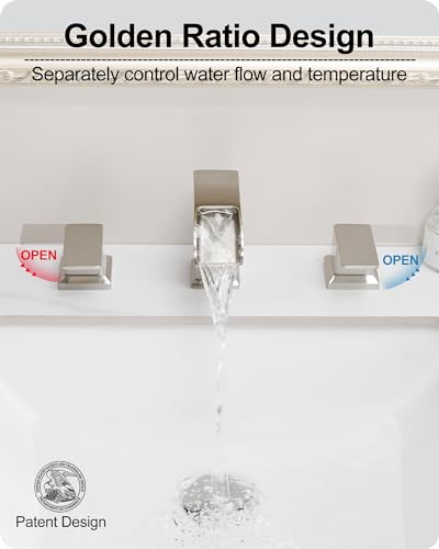 Waterfall Bathroom Faucet 3 Hole, Brushed Nickel 8 Inch 2 Handles | Lead-Free Brass, Widespread Style, Pop Up Drain, Pre-installed cUPC Water Hose, For Vanity Lavatory Modern, 10-Min Install - color: Brushed Nickel