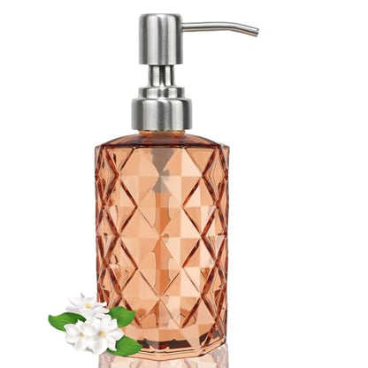 12Oz Amber Glass Soap Dispenser, Liquid Hand Bottle, Stainless Steel Pump | Refillable Clear Kitchen Soap Dispenser with Diamond Design, for Hand soap, Dish Soap, Lotion, Bathroom, Countertop, Hotel - color: Amber Diamond
