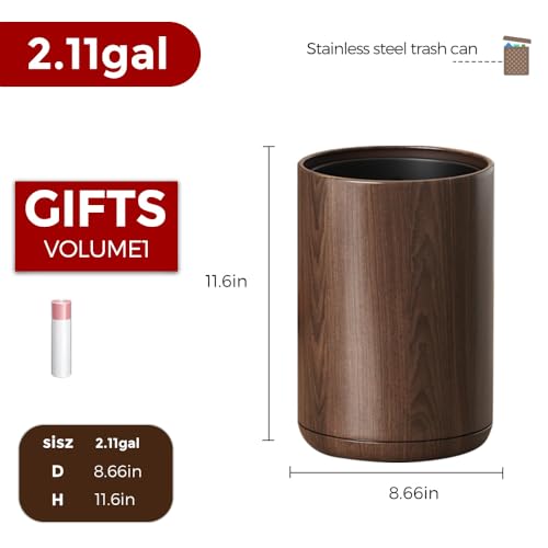 8L/2.1GAL Dark Brown Metal Trash Can,Walnut Trash Bin | Open-Top;Double-Layer;Built-In Bag Holder;Office Trash Can;for Bathroom,Home,Office,Living Room,Coffee - color: 2.1gal round