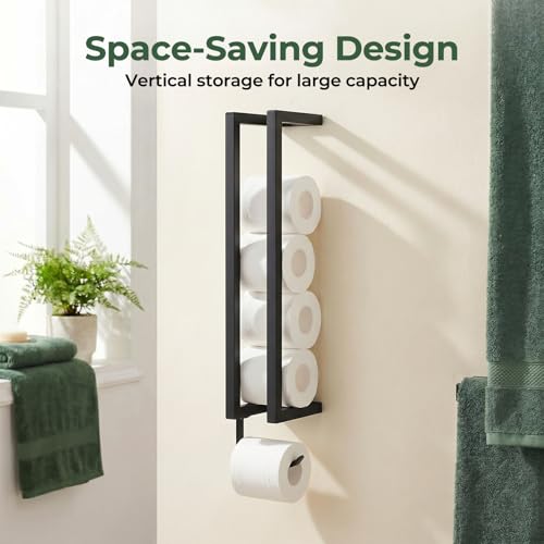 SpaceTime Toilet Paper Holder with Hook for 5 Rolls,Wall Mounted Toilet Paper Storage Holder,Modern Matte Black Carbon Steel Tissue Roll Holder with Reserve Rack for Bathroom,Kitchen & Washroom