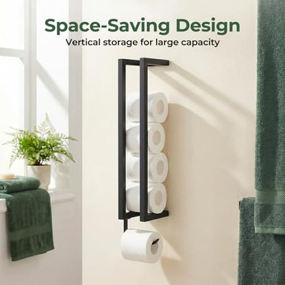 SpaceTime Toilet Paper Holder with Hook for 5 Rolls,Wall Mounted Toilet Paper Storage Holder,Modern Matte Black Carbon Steel Tissue Roll Holder with Reserve Rack for Bathroom,Kitchen & Washroom